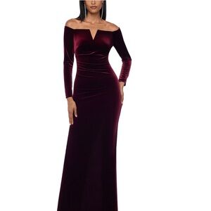 Xscape Off-Shoulder Velvet Long Sleeve Gown in Navy